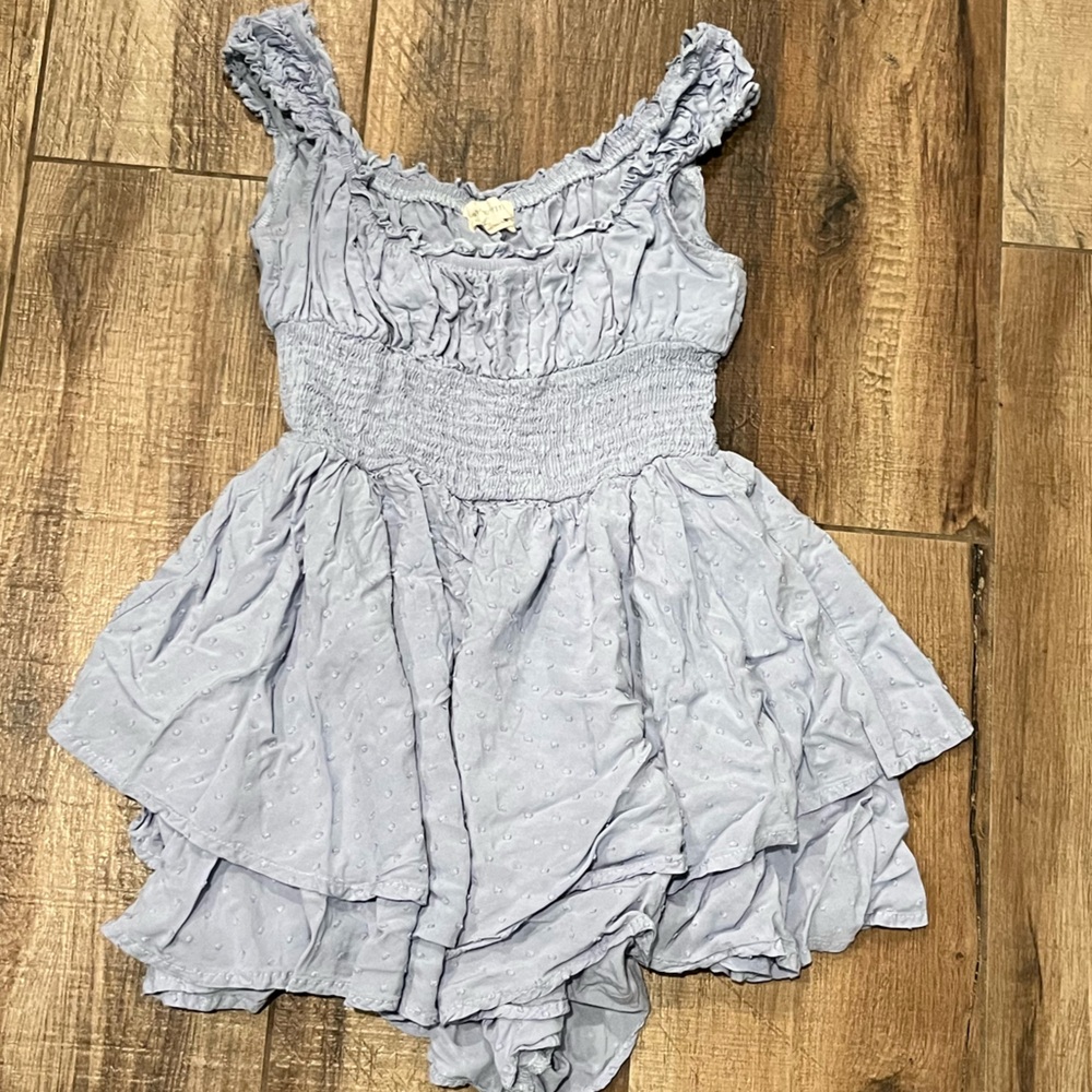 Urban Outfitters Rosie Smocked Tiered Ruffle Romper Light Blue Size XS